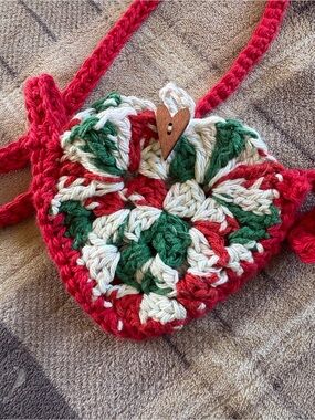 Handmade Crochet Heart Crossbody Bag - Red, Green & Cream